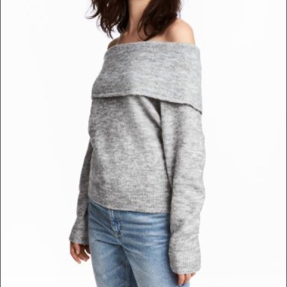Slouchy oversized grey fold off shoulder sweater - Picture 3 of 4